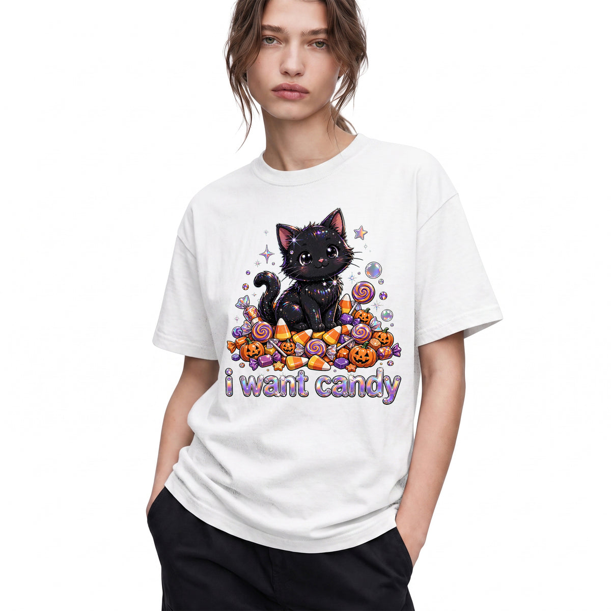 SF_COLOR=white; SF_ITEM=adult-t-shirt; SF_ROLE=gallery; I Want Candy T-Shirt Sparkly Cat Halloween Pumpkins Kawaii YK Aesthetic Tee - White Adult T-Shirt product image