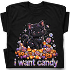 SF_COLOR=black; SF_ITEM=adult-t-shirt; SF_ROLE=gallery; I Want Candy T-Shirt Sparkly Cat Halloween Pumpkins Kawaii YK Aesthetic Tee - Black Adult T-Shirt product image