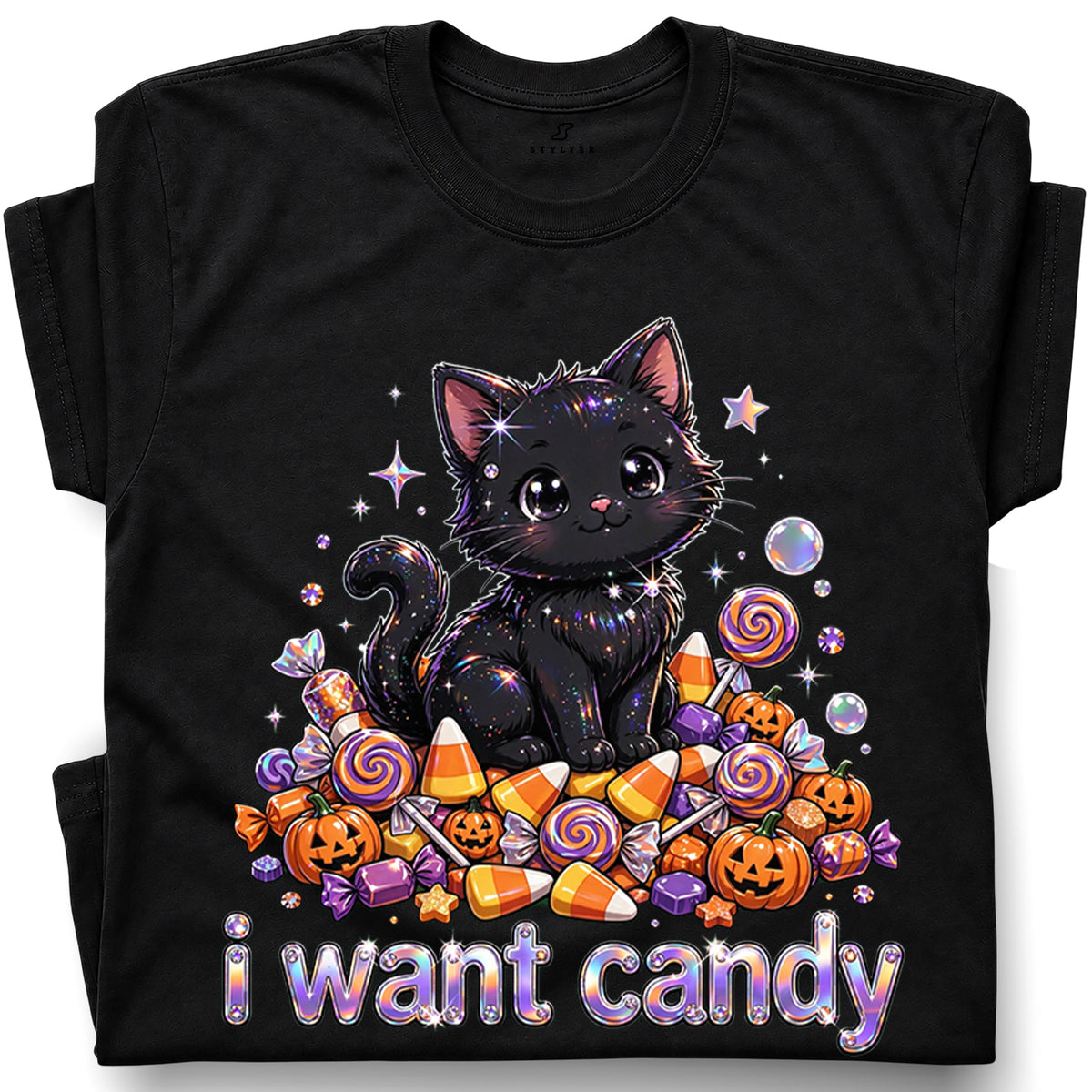 SF_COLOR=black; SF_ITEM=adult-t-shirt; SF_ROLE=gallery; I Want Candy T-Shirt Sparkly Cat Halloween Pumpkins Kawaii YK Aesthetic Tee - Black Adult T-Shirt product image