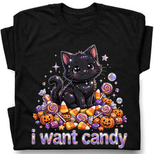 SF_COLOR=black; SF_ITEM=adult-t-shirt; SF_ROLE=gallery; I Want Candy T-Shirt Sparkly Cat Halloween Pumpkins Kawaii YK Aesthetic Tee - Black Adult T-Shirt product image
