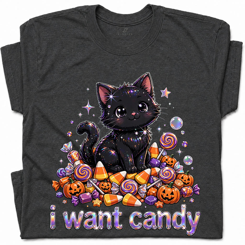 SF_COLOR=dark-heather; SF_ITEM=adult-t-shirt; SF_ROLE=gallery; I Want Candy T-Shirt Sparkly Cat Halloween Pumpkins Kawaii YK Aesthetic Tee - Dark Heather Adult T-Shirt product image