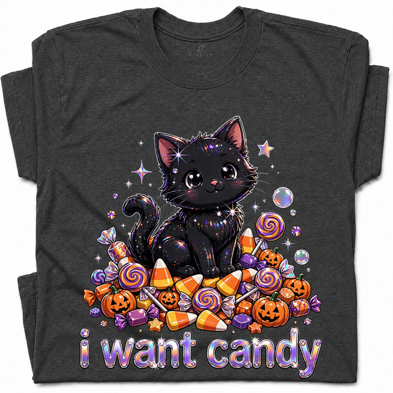 SF_COLOR=dark-heather; SF_ITEM=adult-t-shirt; SF_ROLE=gallery; I Want Candy T-Shirt Sparkly Cat Halloween Pumpkins Kawaii YK Aesthetic Tee - Dark Heather Adult T-Shirt product image