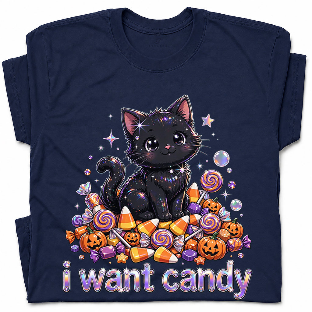SF_COLOR=navy; SF_ITEM=adult-t-shirt; SF_ROLE=gallery; I Want Candy T-Shirt Sparkly Cat Halloween Pumpkins Kawaii YK Aesthetic Tee - Navy Adult T-Shirt product image