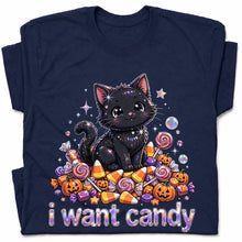 SF_COLOR=navy; SF_ITEM=adult-t-shirt; SF_ROLE=gallery; I Want Candy T-Shirt Sparkly Cat Halloween Pumpkins Kawaii YK Aesthetic Tee - Navy Adult T-Shirt product image
