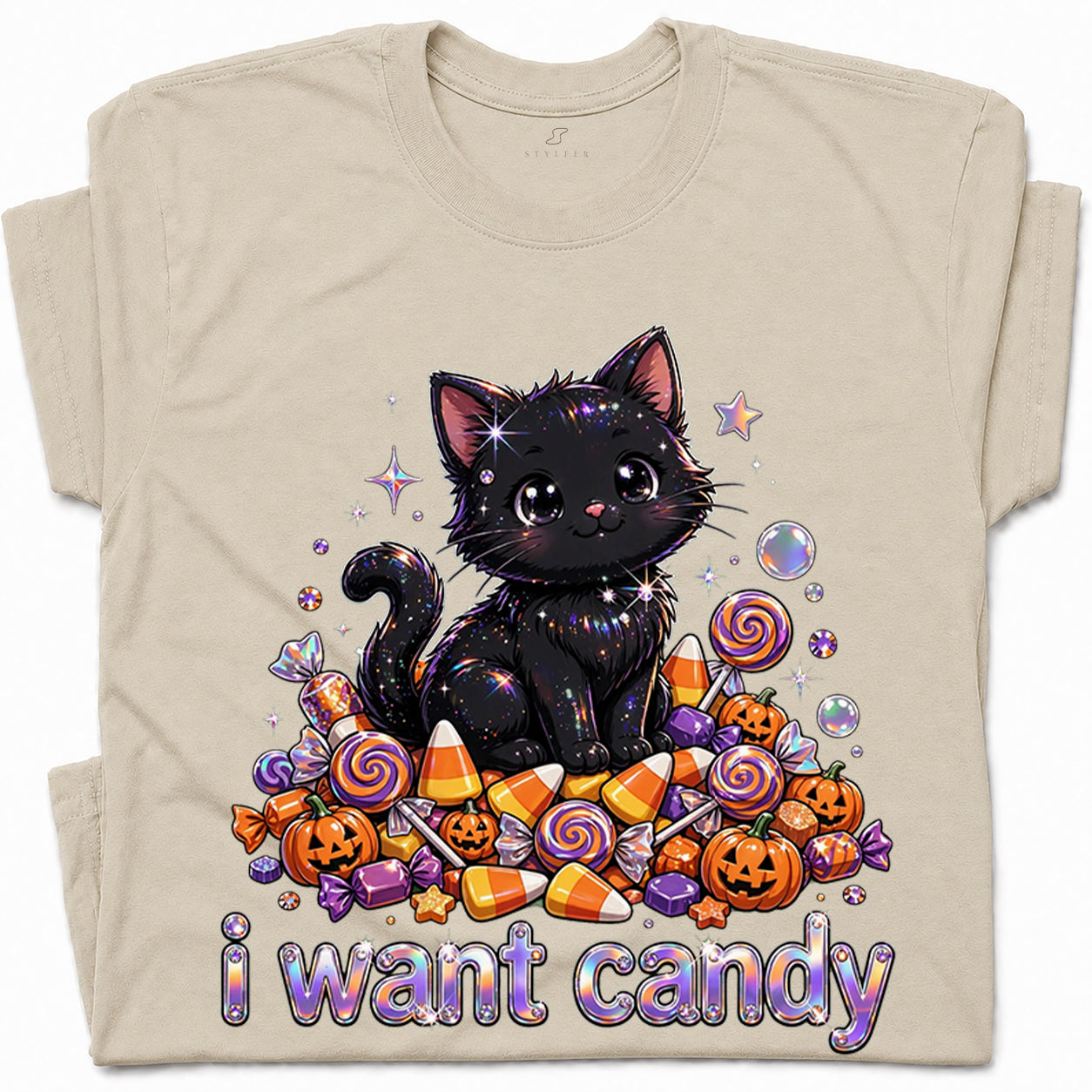 SF_COLOR=sand; SF_ITEM=adult-t-shirt; SF_ROLE=gallery; I Want Candy T-Shirt Sparkly Cat Halloween Pumpkins Kawaii YK Aesthetic Tee - Sand Adult T-Shirt product image