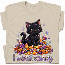 SF_COLOR=sand; SF_ITEM=adult-t-shirt; SF_ROLE=gallery; I Want Candy T-Shirt Sparkly Cat Halloween Pumpkins Kawaii YK Aesthetic Tee - Sand Adult T-Shirt product image