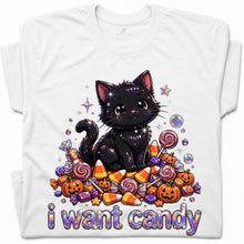 SF_COLOR=white; SF_ITEM=adult-t-shirt; SF_ROLE=gallery; I Want Candy T-Shirt Sparkly Cat Halloween Pumpkins Kawaii YK Aesthetic Tee - White Adult T-Shirt product image