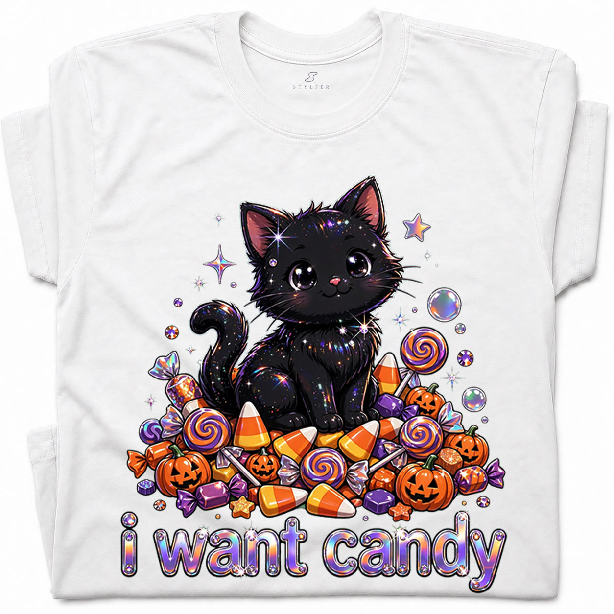 SF_COLOR=white; SF_ITEM=adult-t-shirt; SF_ROLE=gallery; I Want Candy T-Shirt Sparkly Cat Halloween Pumpkins Kawaii YK Aesthetic Tee - White Adult T-Shirt product image