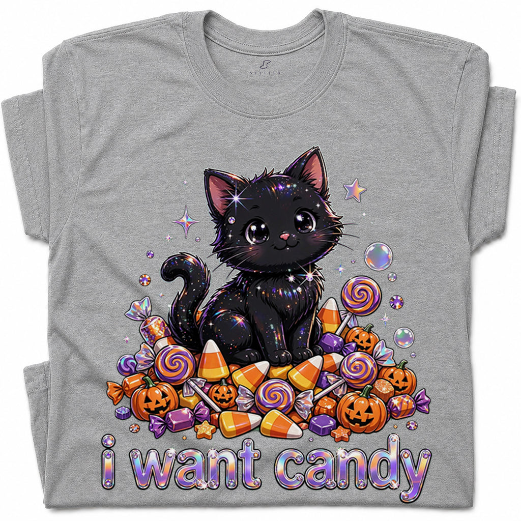 SF_COLOR=sport-grey; SF_ITEM=adult-t-shirt; SF_ROLE=gallery; I Want Candy T-Shirt Sparkly Cat Halloween Pumpkins Kawaii YK Aesthetic Tee - Sport Grey Adult T-Shirt product image