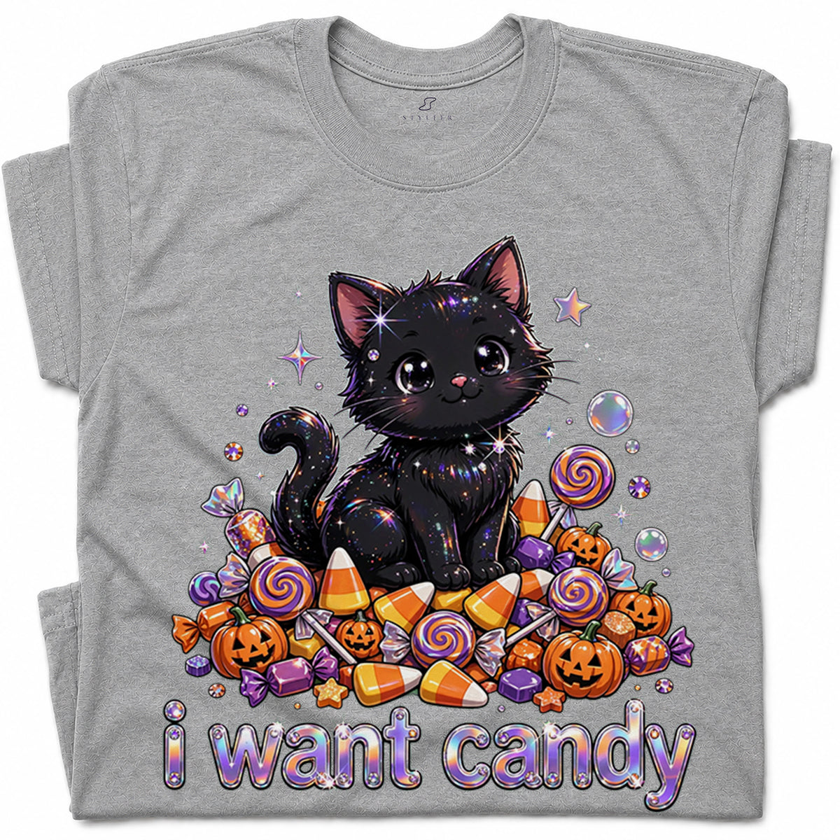 SF_COLOR=sport-grey; SF_ITEM=adult-t-shirt; SF_ROLE=gallery; I Want Candy T-Shirt Sparkly Cat Halloween Pumpkins Kawaii YK Aesthetic Tee - Sport Grey Adult T-Shirt product image