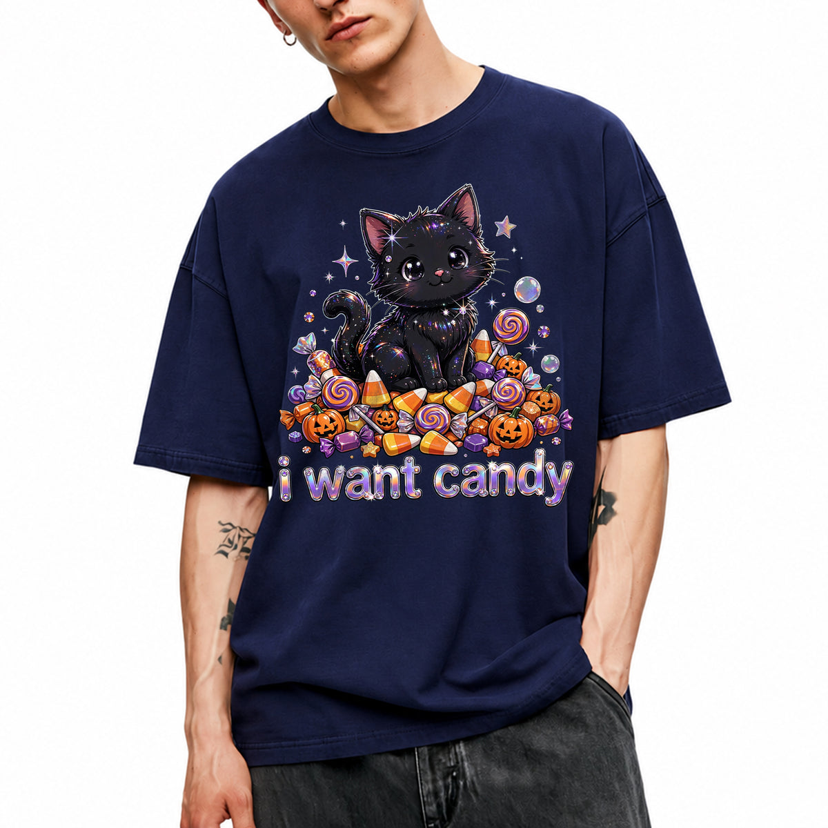 SF_COLOR=navy; SF_ITEM=adult-t-shirt; SF_ROLE=main; I Want Candy T-Shirt Sparkly Cat Halloween Pumpkins Kawaii YK Aesthetic Tee - Navy Adult T-Shirt product image