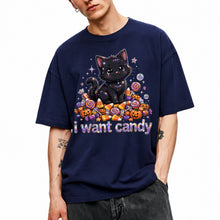 SF_COLOR=navy; SF_ITEM=adult-t-shirt; SF_ROLE=main; I Want Candy T-Shirt Sparkly Cat Halloween Pumpkins Kawaii YK Aesthetic Tee - Navy Adult T-Shirt product image