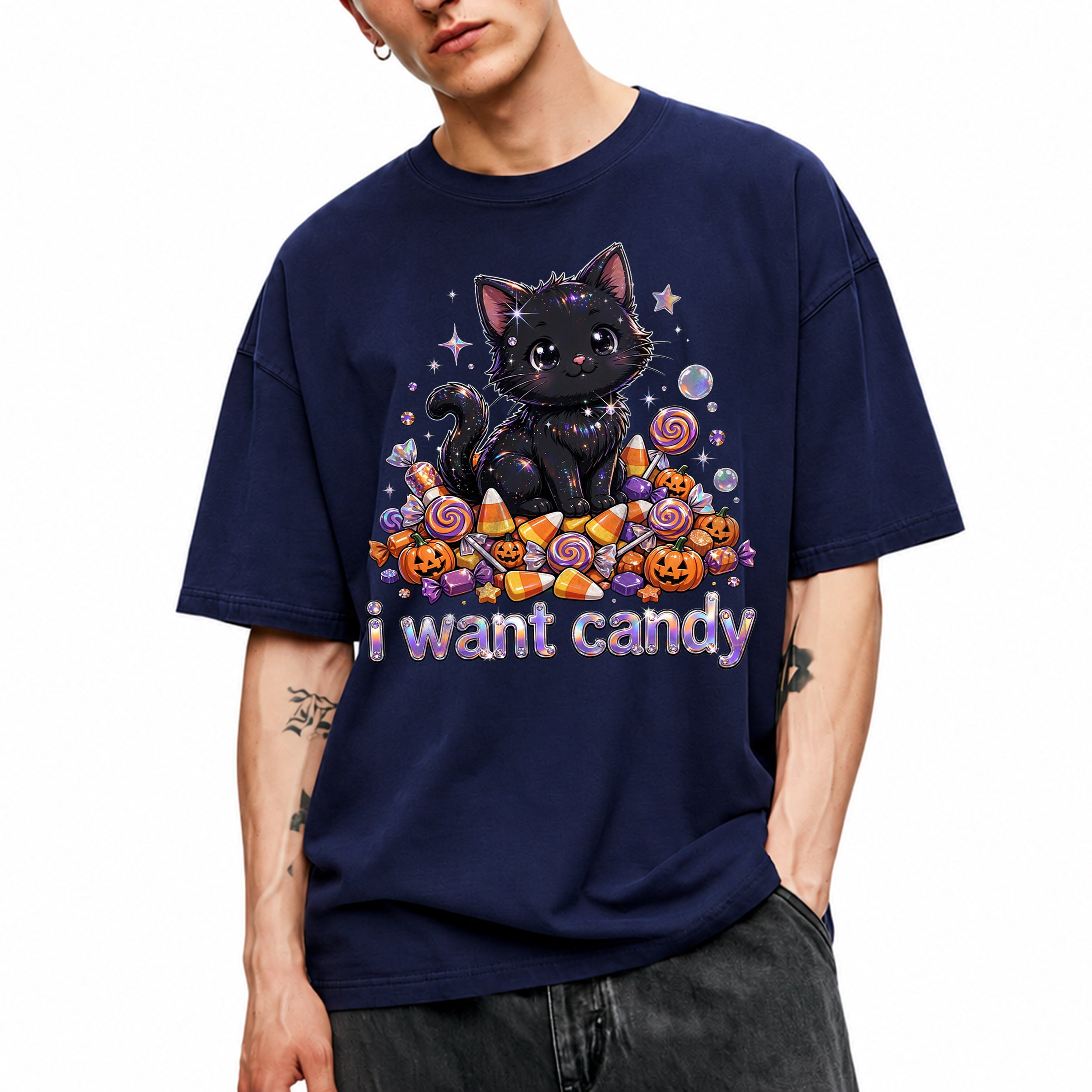 SF_COLOR=navy; SF_ITEM=adult-t-shirt; SF_ROLE=main; I Want Candy T-Shirt Sparkly Cat Halloween Pumpkins Kawaii YK Aesthetic Tee - Navy Adult T-Shirt product image