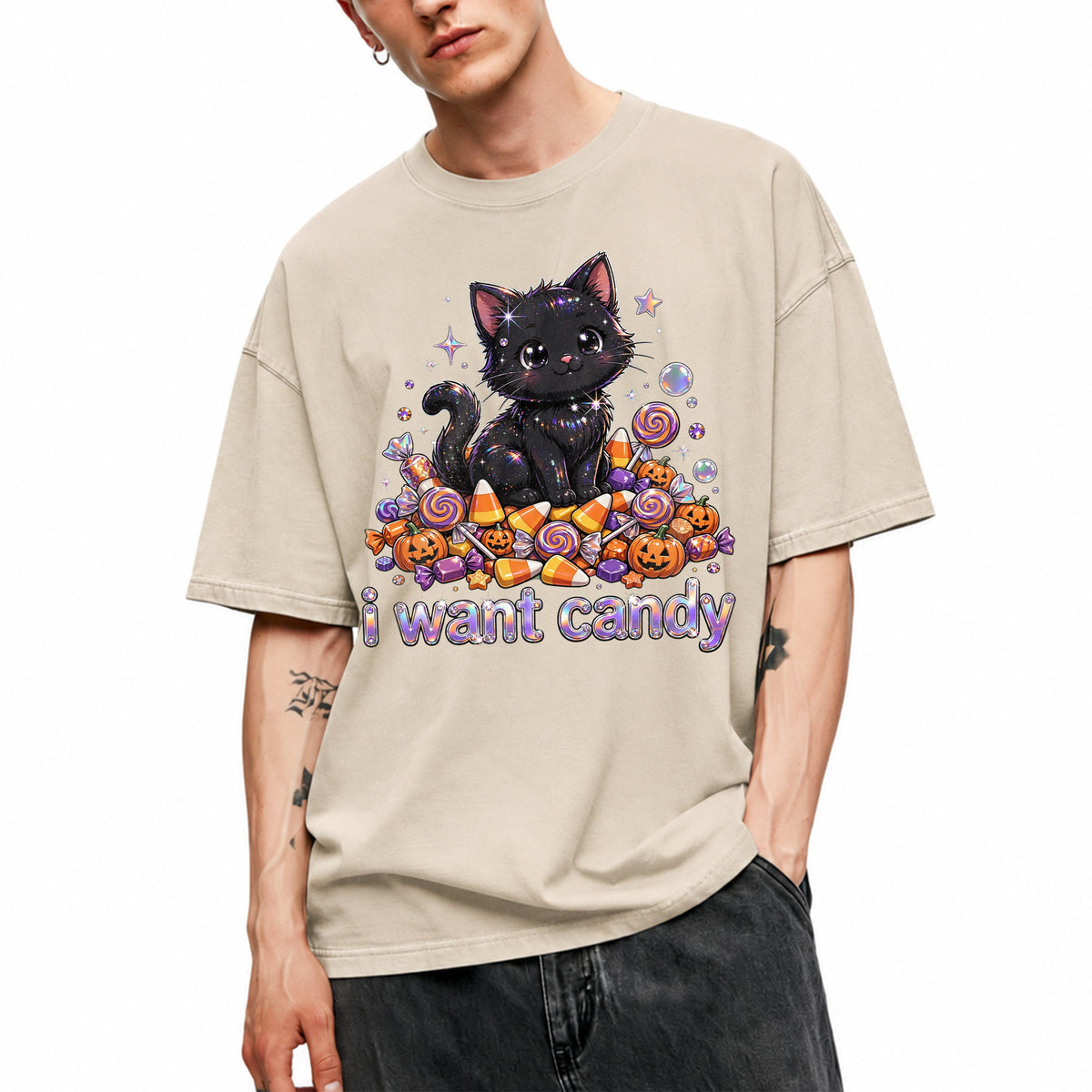 SF_COLOR=sand; SF_ITEM=adult-t-shirt; SF_ROLE=main; I Want Candy T-Shirt Sparkly Cat Halloween Pumpkins Kawaii YK Aesthetic Tee - Sand Adult T-Shirt product image