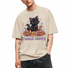 SF_COLOR=sand; SF_ITEM=adult-t-shirt; SF_ROLE=main; I Want Candy T-Shirt Sparkly Cat Halloween Pumpkins Kawaii YK Aesthetic Tee - Sand Adult T-Shirt product image