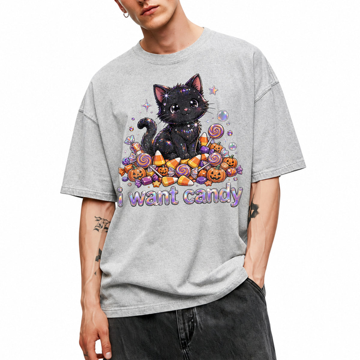 SF_COLOR=sport-grey; SF_ITEM=adult-t-shirt; SF_ROLE=main; I Want Candy T-Shirt Sparkly Cat Halloween Pumpkins Kawaii YK Aesthetic Tee - Sport Grey Adult T-Shirt product image
