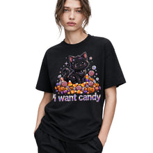 SF_COLOR=black; SF_ITEM=adult-t-shirt; SF_ROLE=gallery; I Want Candy T-Shirt Sparkly Cat Halloween Pumpkins Kawaii YK Aesthetic Tee - Black Adult T-Shirt product image