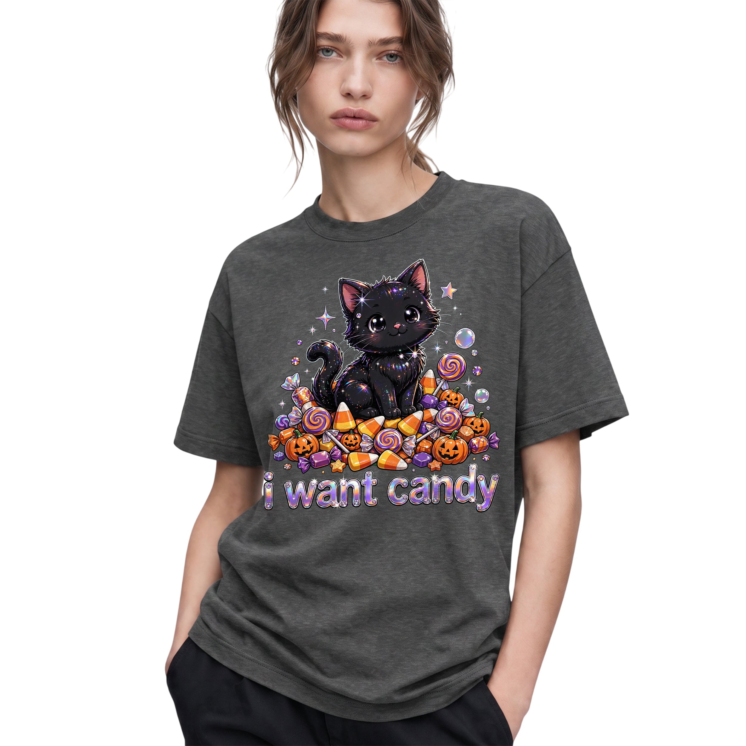 SF_COLOR=dark-heather; SF_ITEM=adult-t-shirt; SF_ROLE=gallery; I Want Candy T-Shirt Sparkly Cat Halloween Pumpkins Kawaii YK Aesthetic Tee - Dark Heather Adult T-Shirt product image