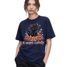 SF_COLOR=navy; SF_ITEM=adult-t-shirt; SF_ROLE=gallery; I Want Candy T-Shirt Sparkly Cat Halloween Pumpkins Kawaii YK Aesthetic Tee - Navy Adult T-Shirt product image