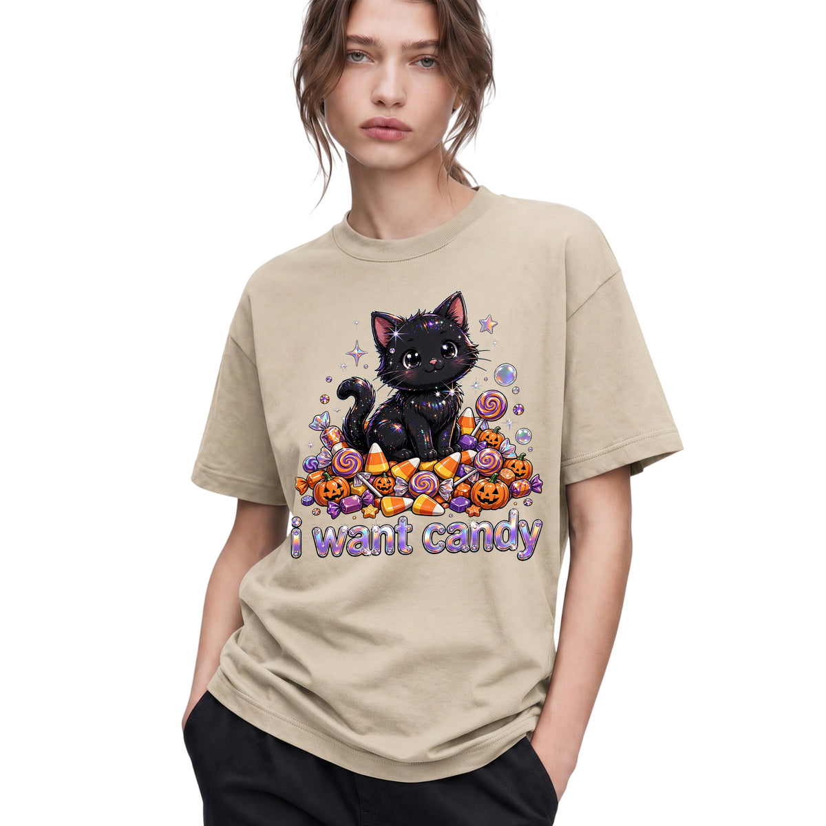SF_COLOR=sand; SF_ITEM=adult-t-shirt; SF_ROLE=gallery; I Want Candy T-Shirt Sparkly Cat Halloween Pumpkins Kawaii YK Aesthetic Tee - Sand Adult T-Shirt product image