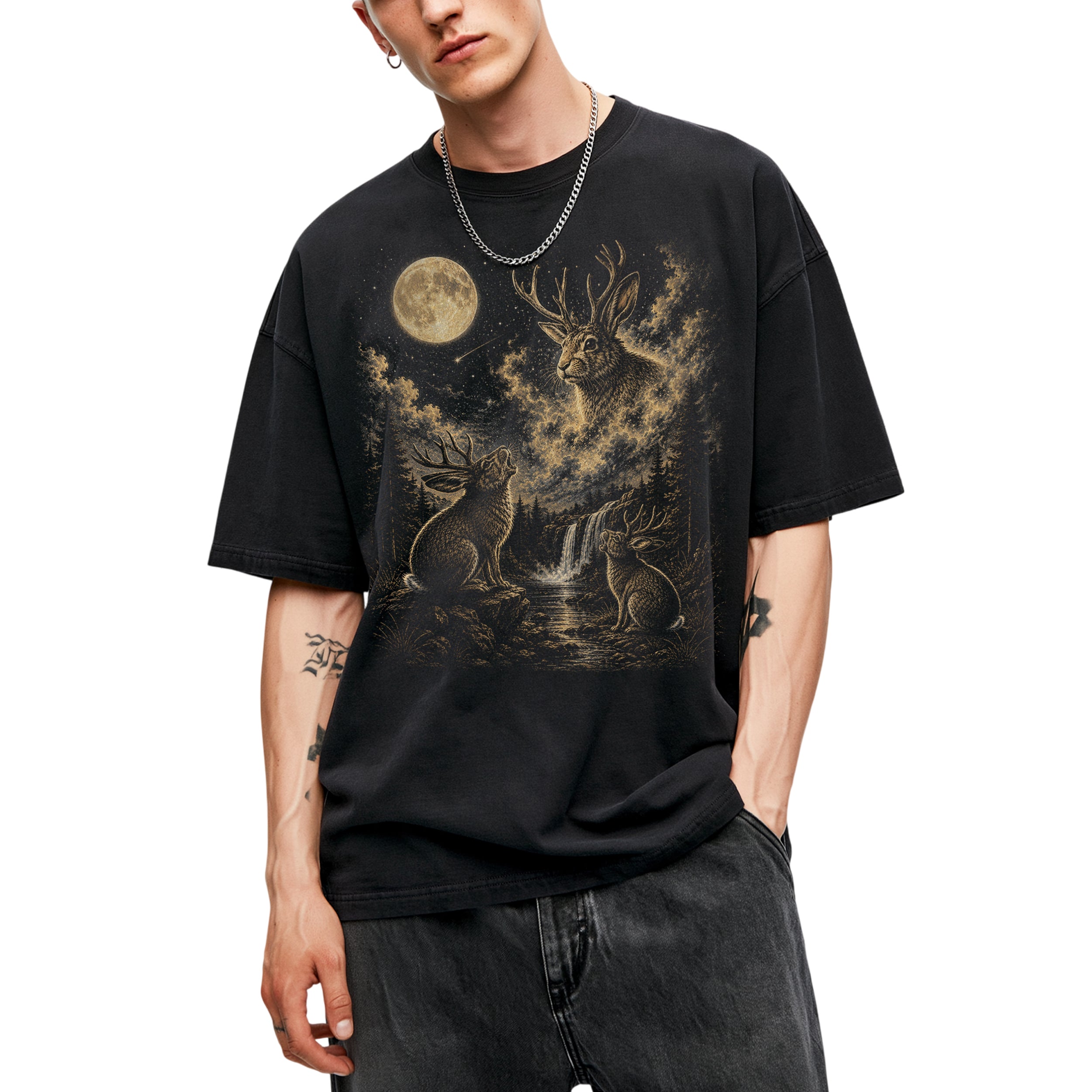 SF_COLOR=black; SF_ITEM=adult-t-shirt; SF_ROLE=main; Jackalope T-Shirt Vintage Antler Rabbit Full Moon Starry Night Forest Graphic - Black Adult T-Shirt product image