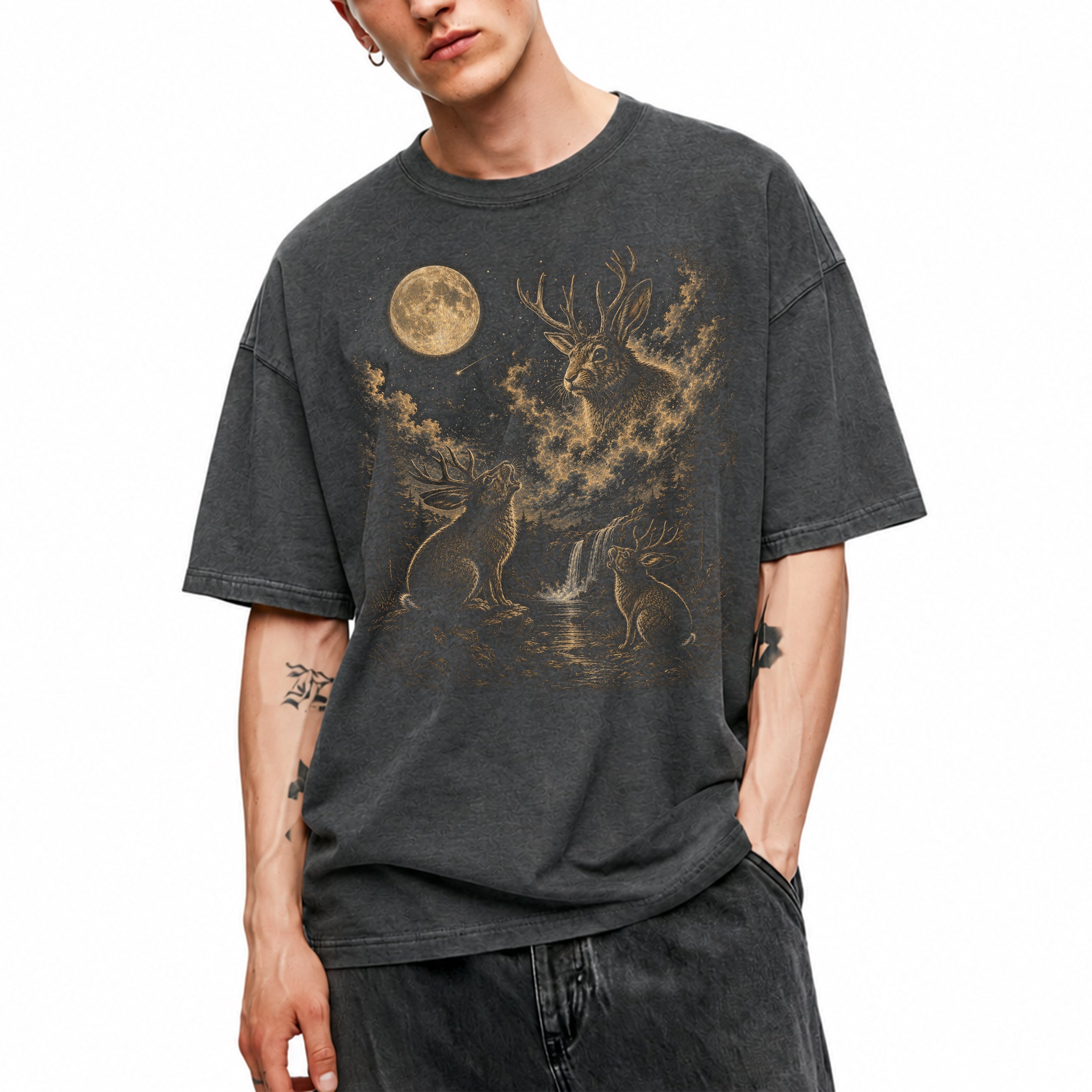 SF_COLOR=dark-heather; SF_ITEM=adult-t-shirt; SF_ROLE=main; Jackalope T-Shirt Vintage Antler Rabbit Full Moon Starry Night Forest Graphic - Dark Heather Adult T-Shirt product image