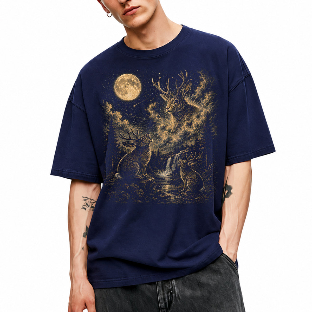 SF_COLOR=navy; SF_ITEM=adult-t-shirt; SF_ROLE=main; Jackalope T-Shirt Vintage Antler Rabbit Full Moon Starry Night Forest Graphic - Navy Adult T-Shirt product image