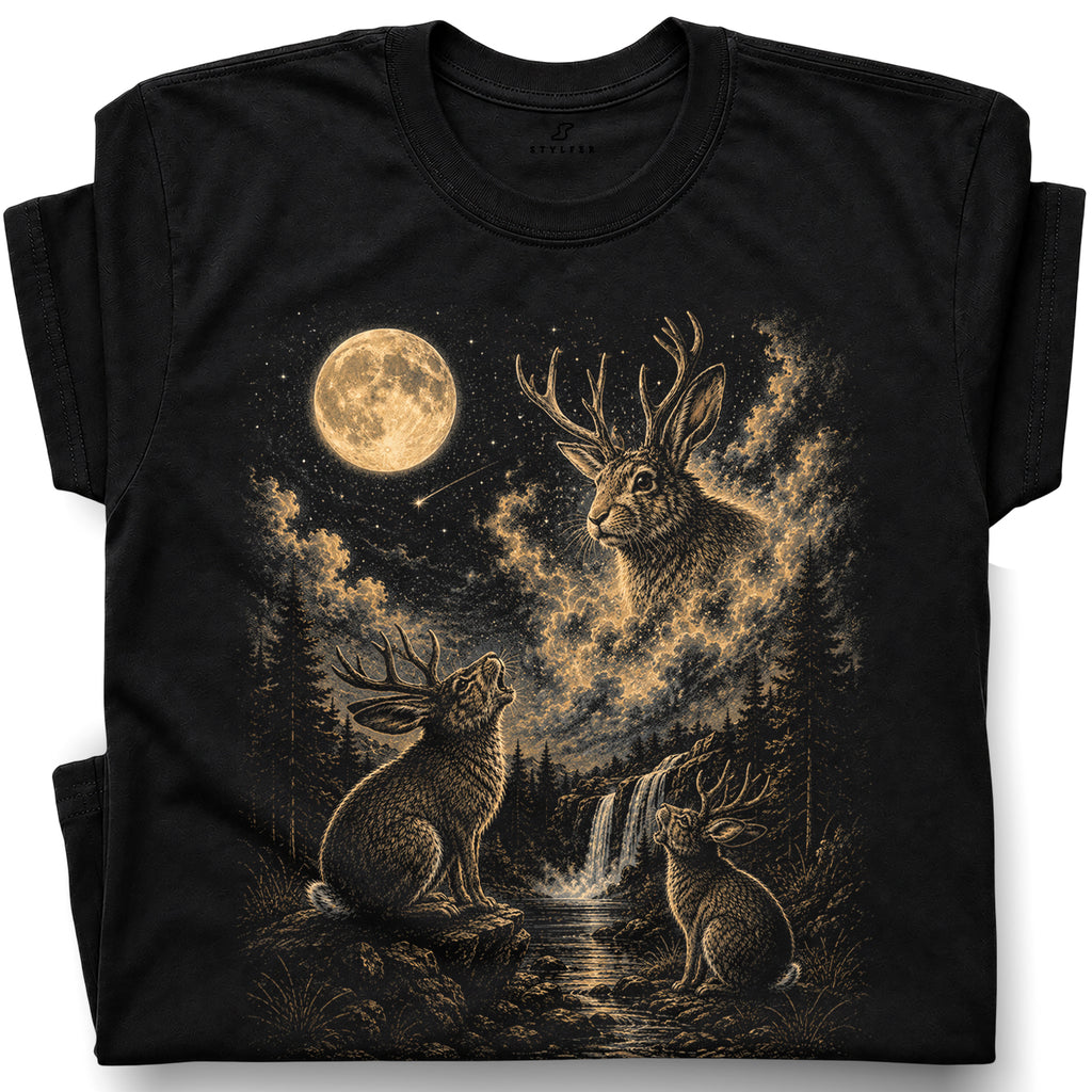 SF_COLOR=black; SF_ITEM=adult-t-shirt; SF_ROLE=gallery; Jackalope T-Shirt Vintage Antler Rabbit Full Moon Starry Night Forest Graphic - Black Adult T-Shirt product image