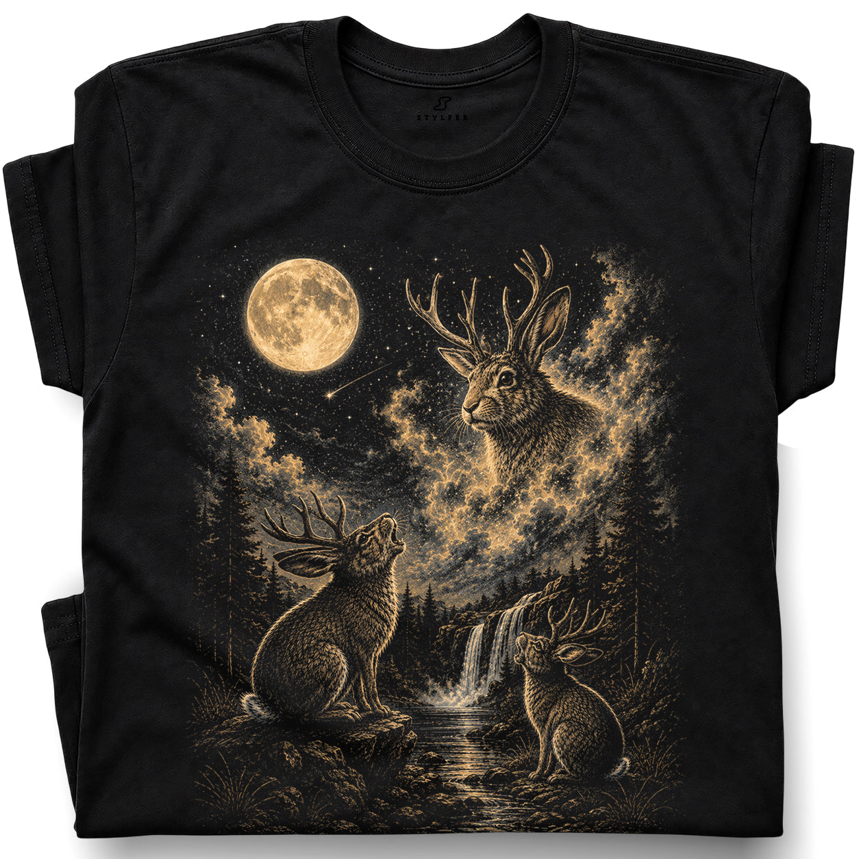 SF_COLOR=black; SF_ITEM=adult-t-shirt; SF_ROLE=gallery; Jackalope T-Shirt Vintage Antler Rabbit Full Moon Starry Night Forest Graphic - Black Adult T-Shirt product image