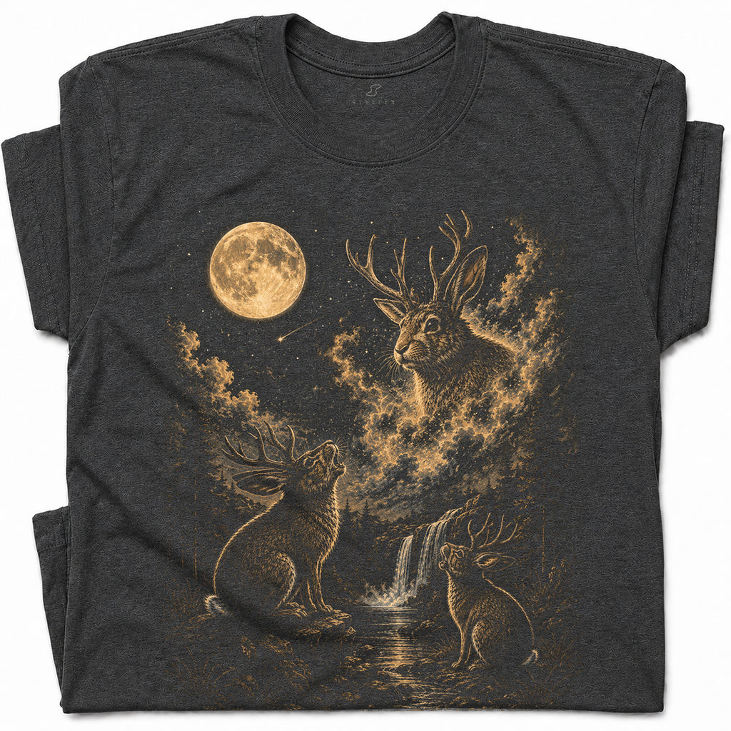 SF_COLOR=dark-heather; SF_ITEM=adult-t-shirt; SF_ROLE=gallery; Jackalope T-Shirt Vintage Antler Rabbit Full Moon Starry Night Forest Graphic - Dark Heather Adult T-Shirt product image