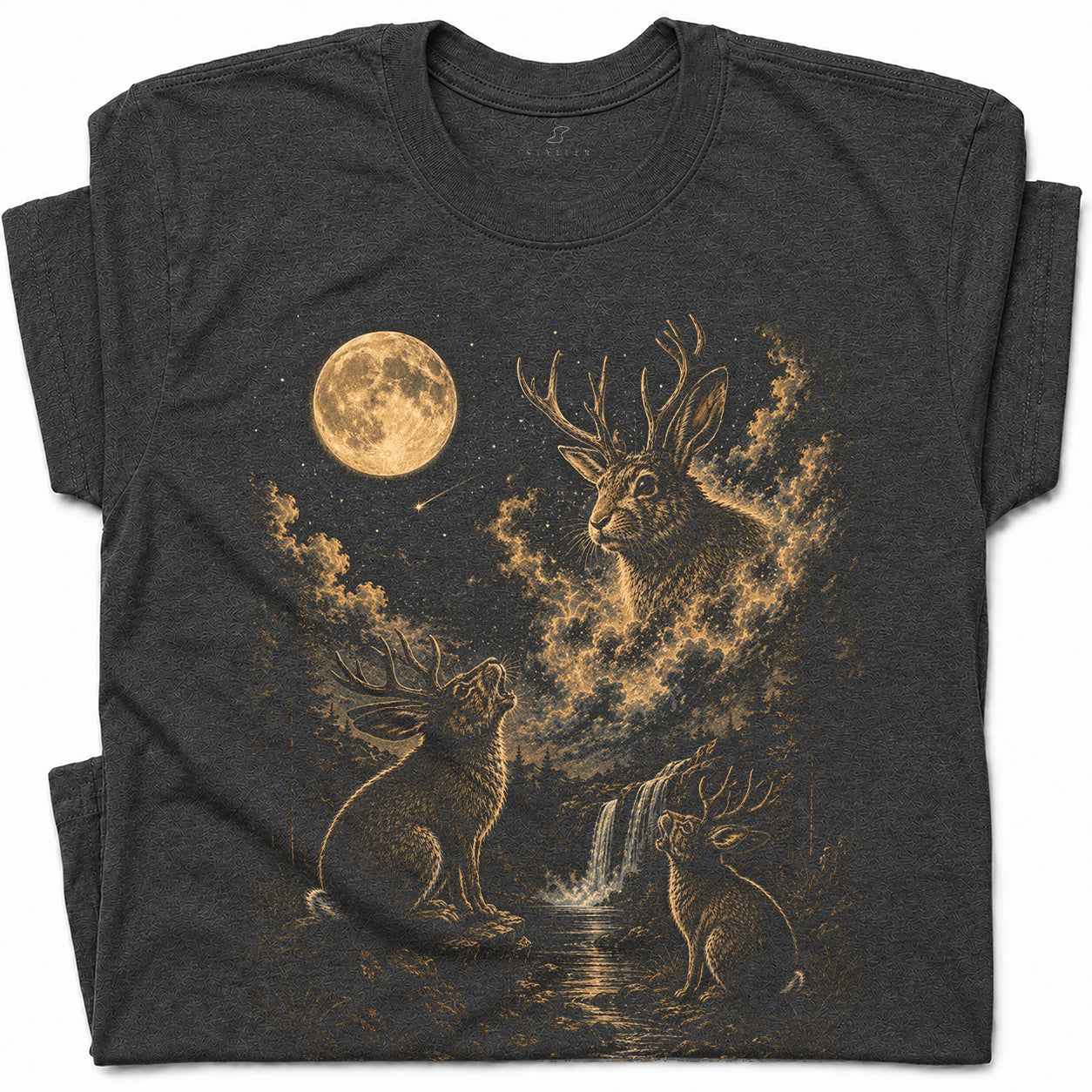 SF_COLOR=dark-heather; SF_ITEM=adult-t-shirt; SF_ROLE=gallery; Jackalope T-Shirt Vintage Antler Rabbit Full Moon Starry Night Forest Graphic - Dark Heather Adult T-Shirt product image