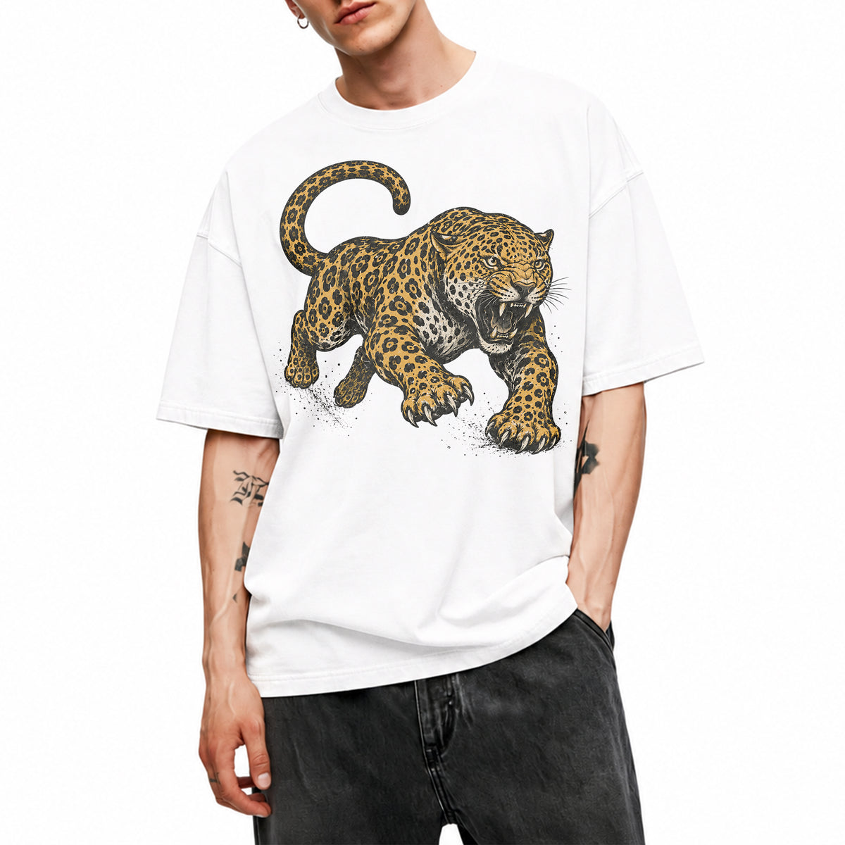 SF_COLOR=white; SF_ITEM=adult-t-shirt; SF_ROLE=main; Jaguar Pouncing Attack T-Shirt Fierce Jungle Cat Wildlife Tee - White Adult T-Shirt product image