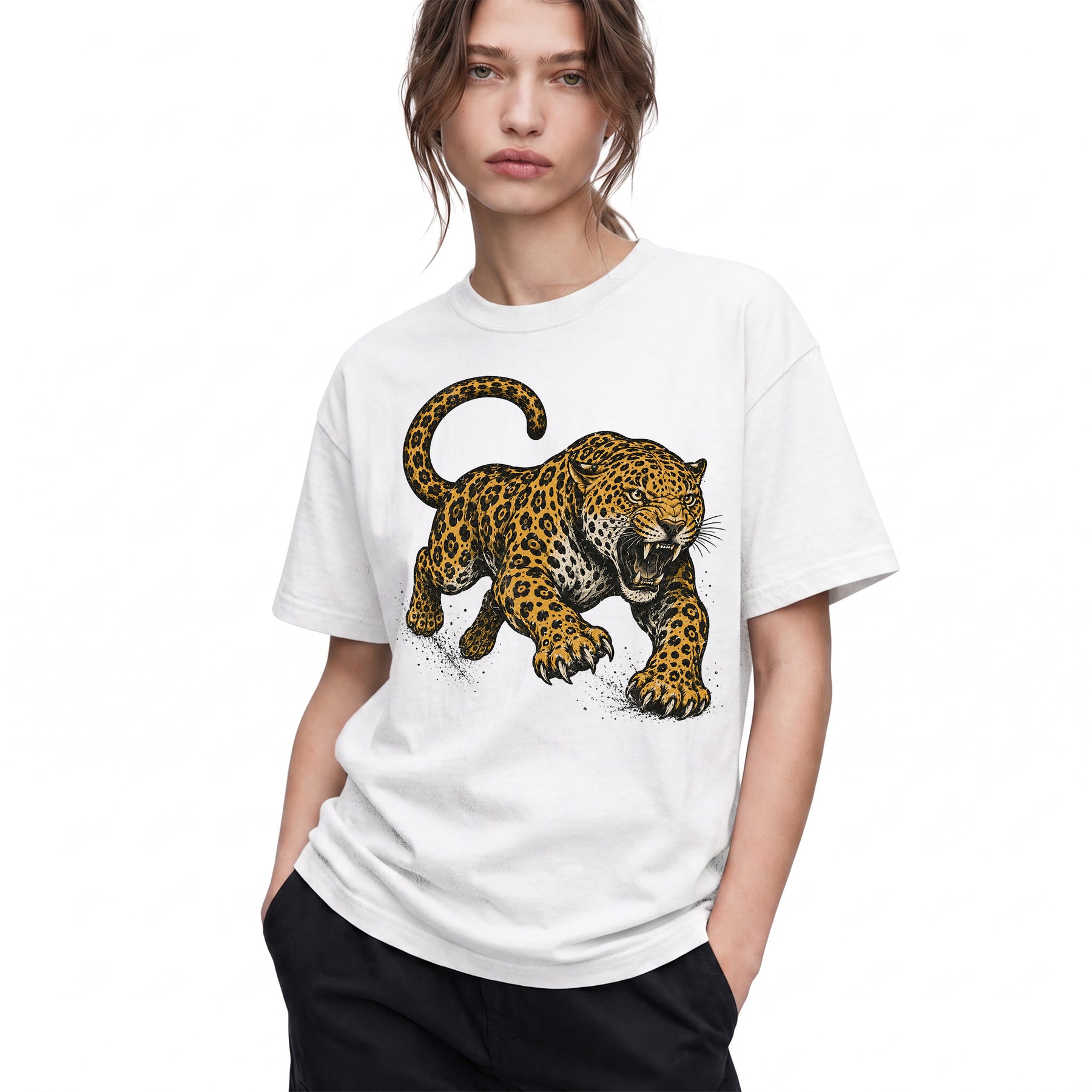 SF_COLOR=white; SF_ITEM=adult-t-shirt; SF_ROLE=gallery; Jaguar Pouncing Attack T-Shirt Fierce Jungle Cat Wildlife Tee - White Adult T-Shirt product image