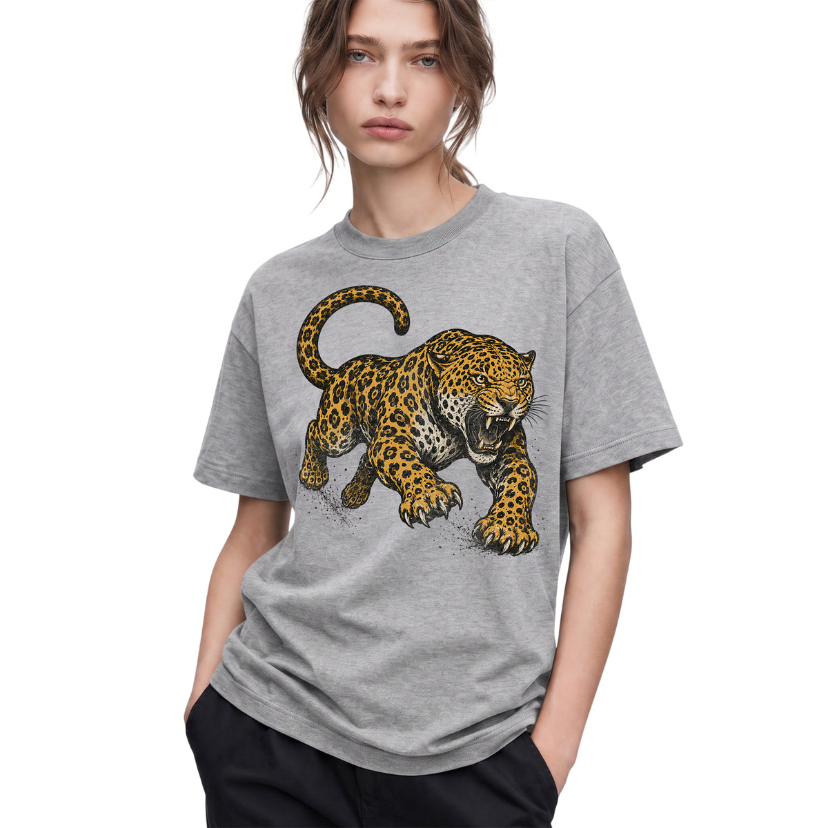 SF_COLOR=sport-grey; SF_ITEM=adult-t-shirt; SF_ROLE=gallery; Jaguar Pouncing Attack T-Shirt Fierce Jungle Cat Wildlife Tee - Sport Grey Adult T-Shirt product image