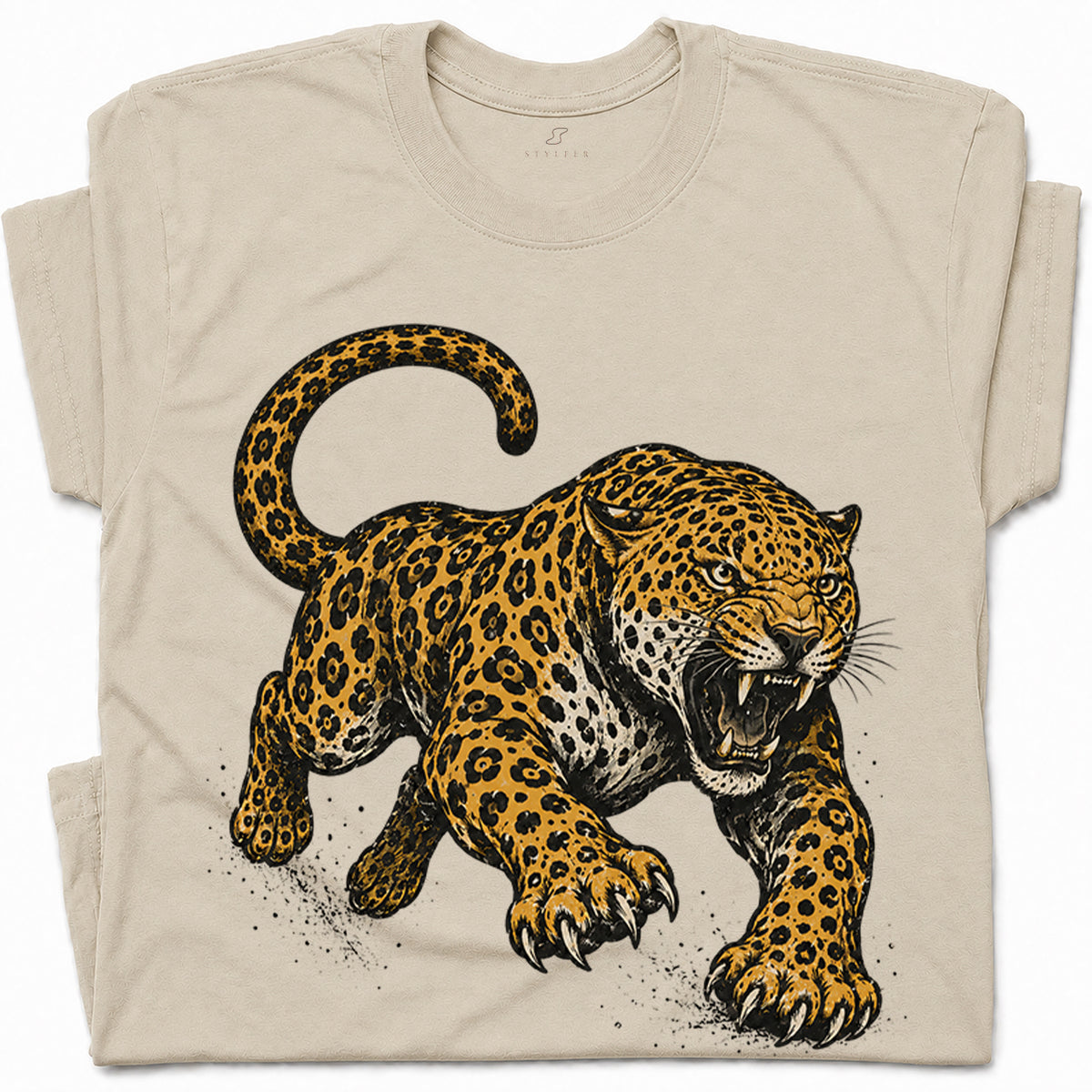 SF_COLOR=sand; SF_ITEM=adult-t-shirt; SF_ROLE=gallery; Jaguar Pouncing Attack T-Shirt Fierce Jungle Cat Wildlife Tee - Sand Adult T-Shirt product image