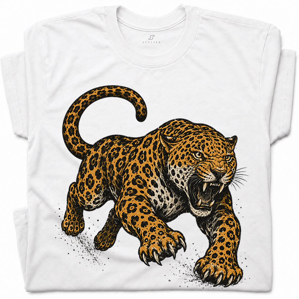 SF_COLOR=white; SF_ITEM=adult-t-shirt; SF_ROLE=gallery; Jaguar Pouncing Attack T-Shirt Fierce Jungle Cat Wildlife Tee - White Adult T-Shirt product image
