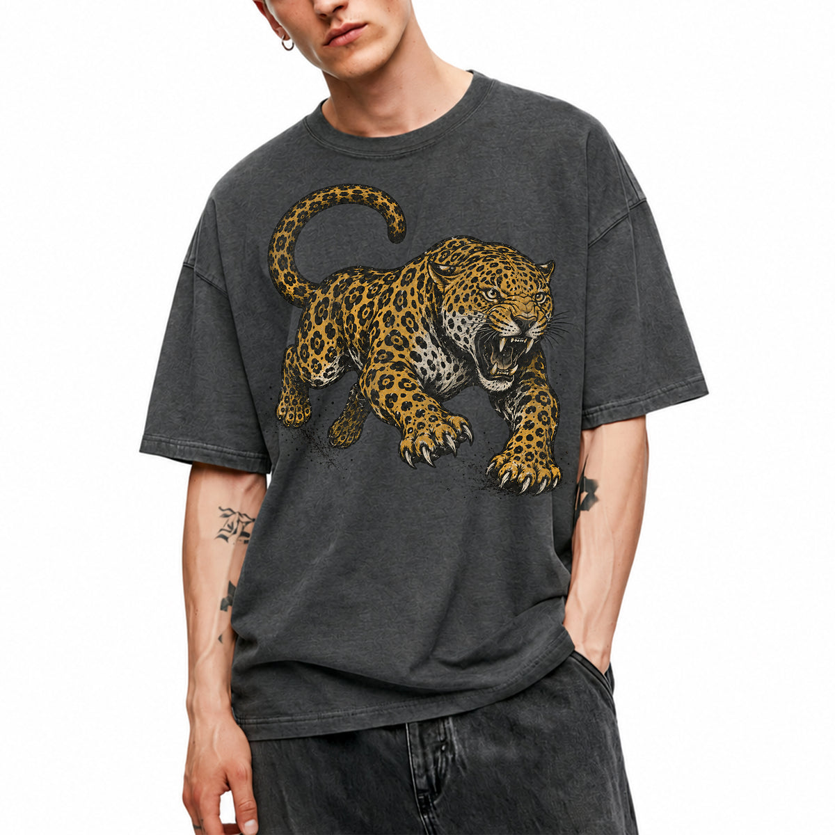 SF_COLOR=dark-heather; SF_ITEM=adult-t-shirt; SF_ROLE=main; Jaguar Pouncing Attack T-Shirt Fierce Jungle Cat Wildlife Tee - Dark Heather Adult T-Shirt product image