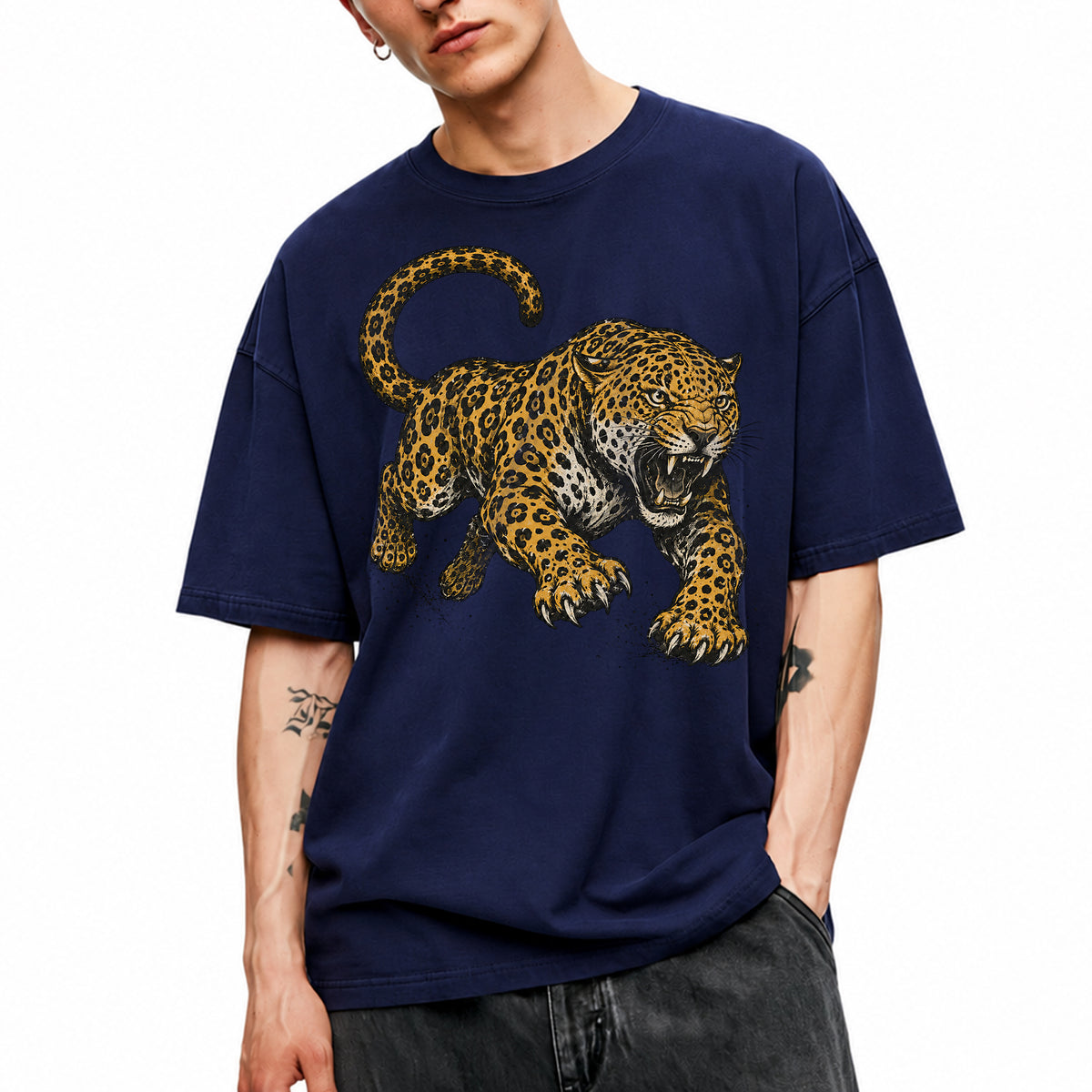 SF_COLOR=navy; SF_ITEM=adult-t-shirt; SF_ROLE=main; Jaguar Pouncing Attack T-Shirt Fierce Jungle Cat Wildlife Tee - Navy Adult T-Shirt product image