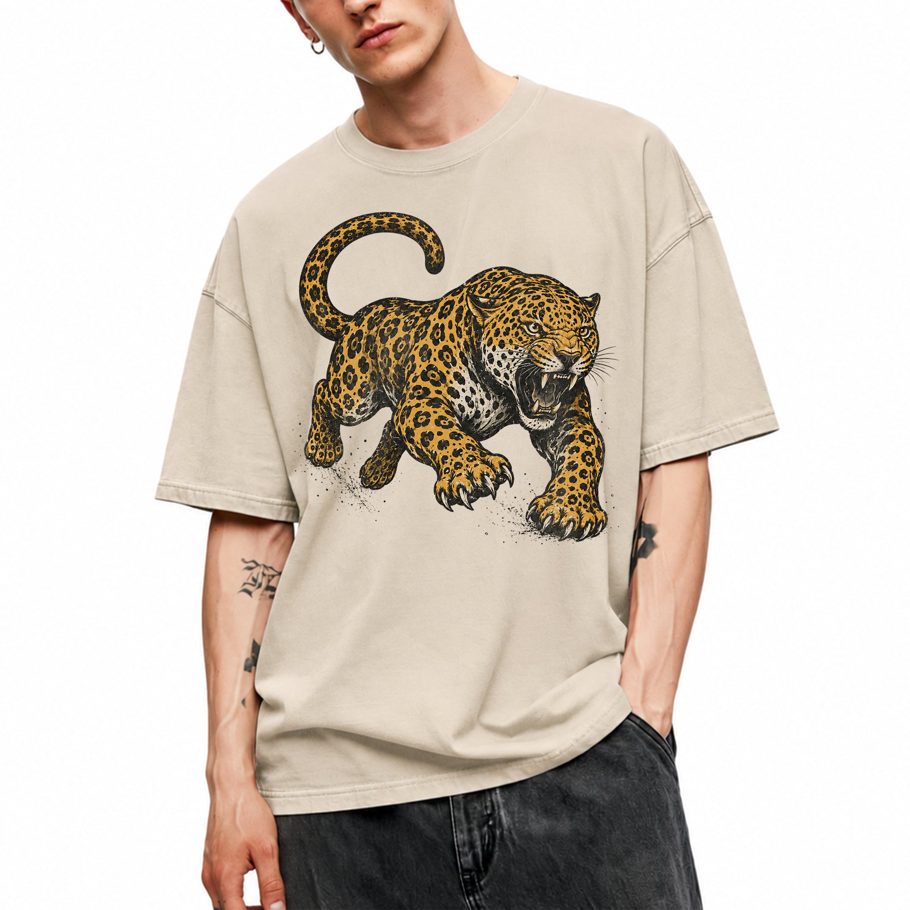 SF_COLOR=sand; SF_ITEM=adult-t-shirt; SF_ROLE=main; Jaguar Pouncing Attack T-Shirt Fierce Jungle Cat Wildlife Tee - Sand Adult T-Shirt product image