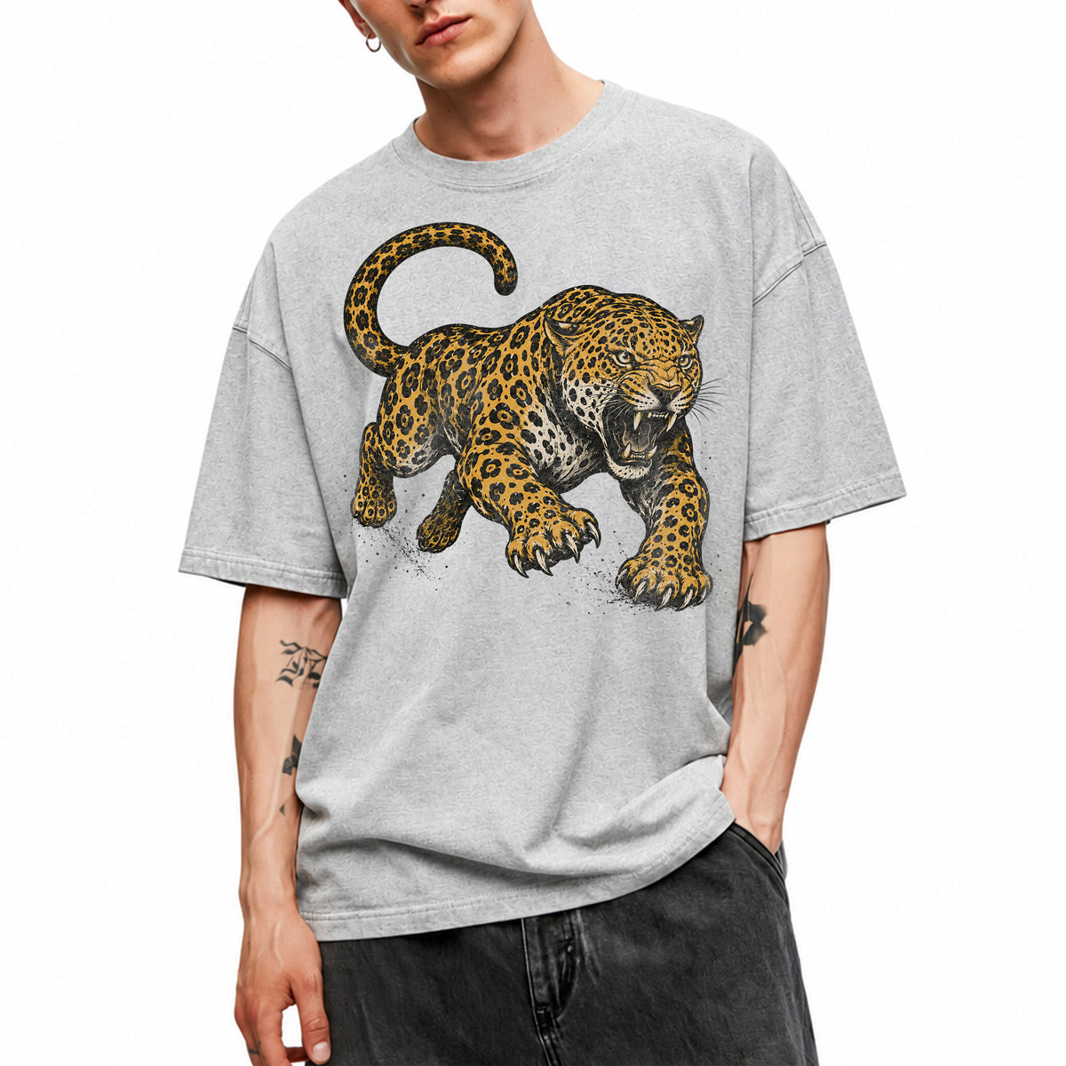 SF_COLOR=sport-grey; SF_ITEM=adult-t-shirt; SF_ROLE=main; Jaguar Pouncing Attack T-Shirt Fierce Jungle Cat Wildlife Tee - Sport Grey Adult T-Shirt product image