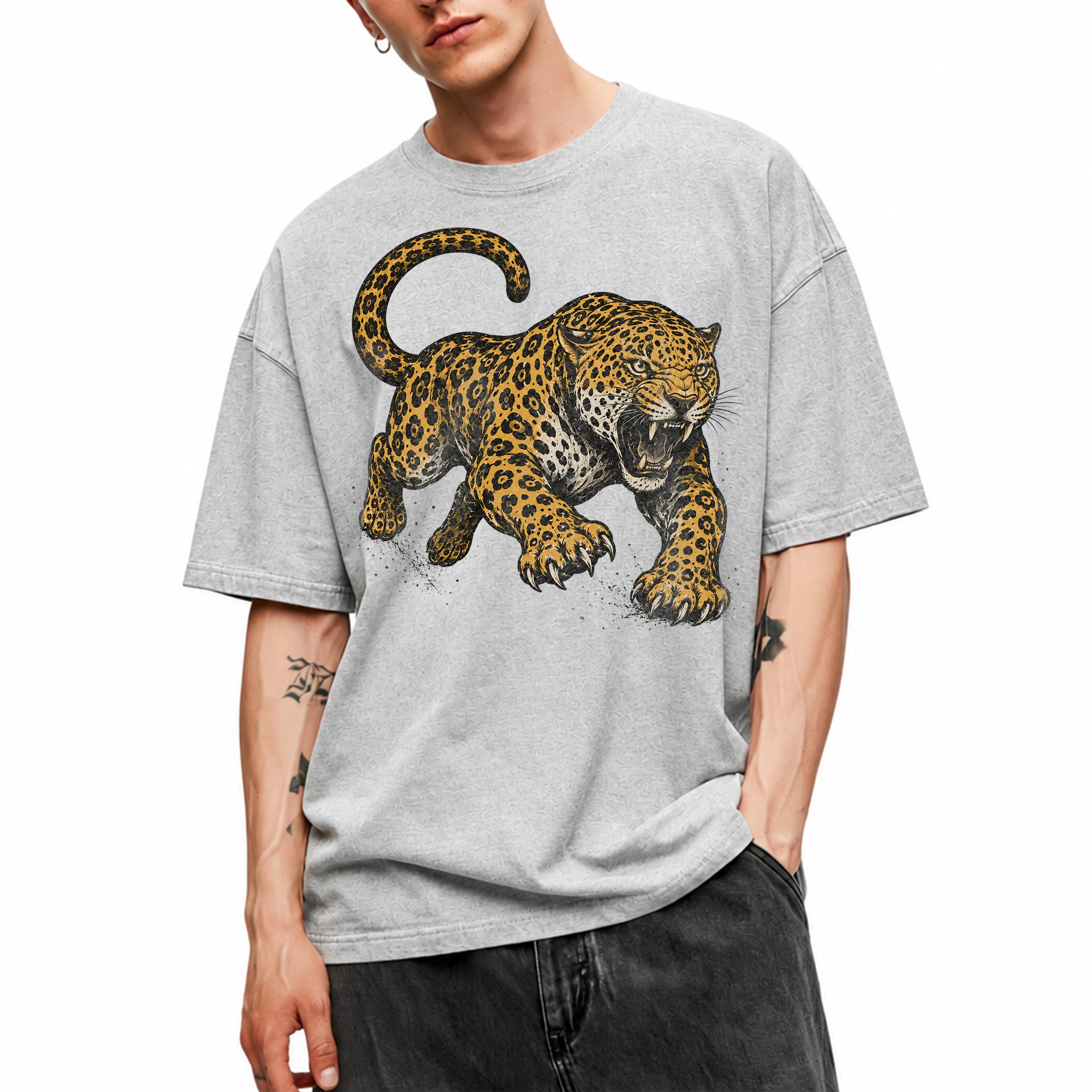 SF_COLOR=sport-grey; SF_ITEM=adult-t-shirt; SF_ROLE=main; Jaguar Pouncing Attack T-Shirt Fierce Jungle Cat Wildlife Tee - Sport Grey Adult T-Shirt product image