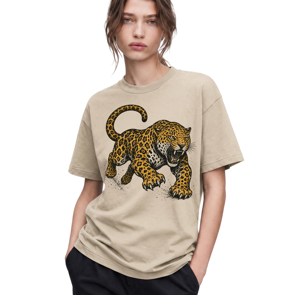 SF_COLOR=sand; SF_ITEM=adult-t-shirt; SF_ROLE=gallery; Jaguar Pouncing Attack T-Shirt Fierce Jungle Cat Wildlife Tee - Sand Adult T-Shirt product image