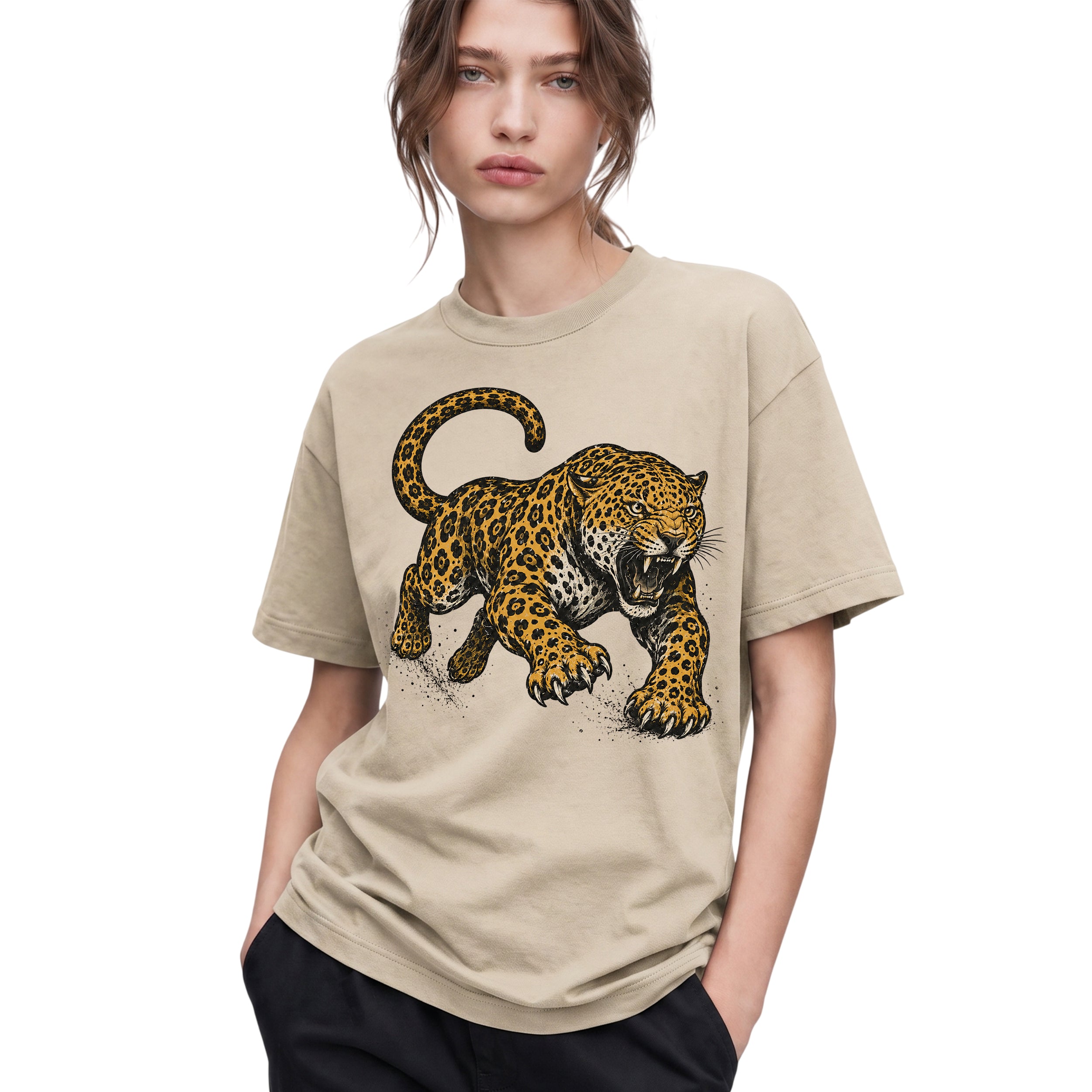 SF_COLOR=sand; SF_ITEM=adult-t-shirt; SF_ROLE=gallery; Jaguar Pouncing Attack T-Shirt Fierce Jungle Cat Wildlife Tee - Sand Adult T-Shirt product image