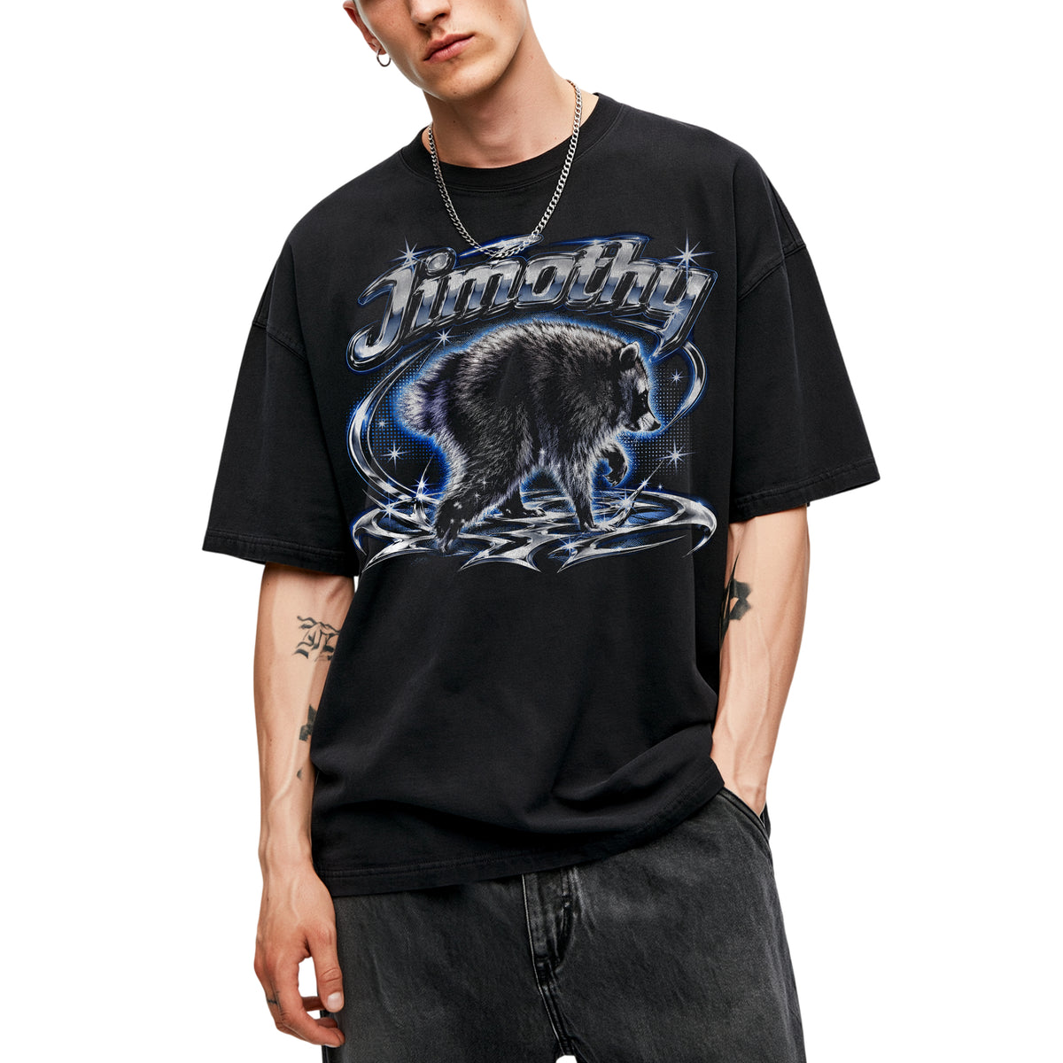 SF_COLOR=black; SF_ITEM=adult-t-shirt; SF_ROLE=main; Jimothy Raccoon Chrome Logo T-Shirt YK Aesthetic Blue Aura Funny Trash Panda - Black Adult T-Shirt product image