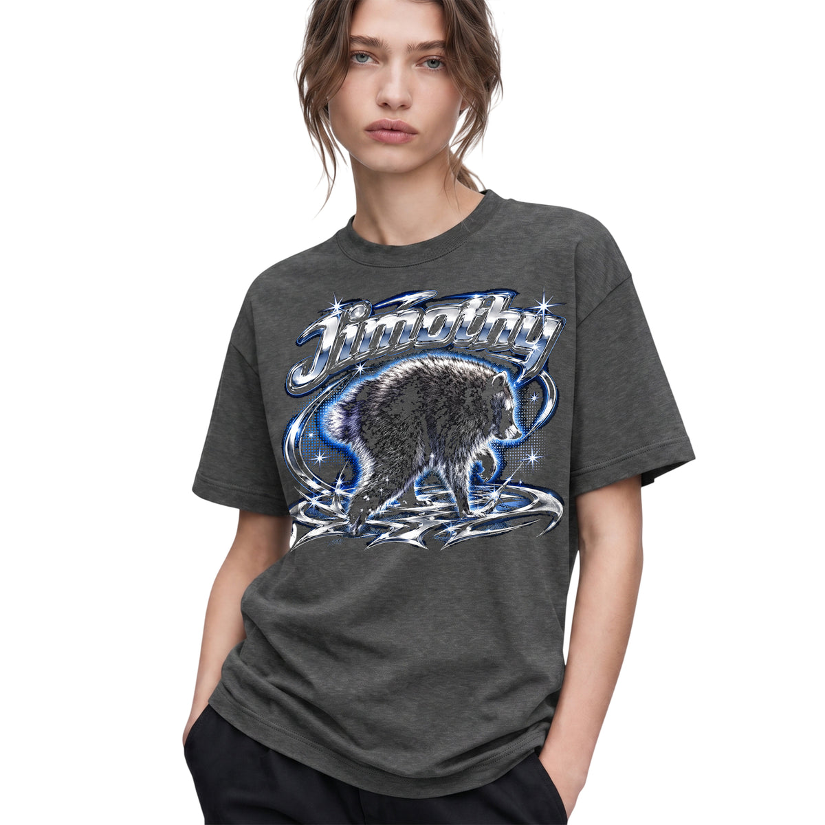 SF_COLOR=dark-heather; SF_ITEM=adult-t-shirt; SF_ROLE=gallery; Jimothy Raccoon Chrome Logo T-Shirt YK Aesthetic Blue Aura Funny Trash Panda - Dark Heather Adult T-Shirt product image
