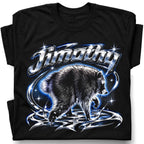 SF_COLOR=black; SF_ITEM=adult-t-shirt; SF_ROLE=gallery; Jimothy Raccoon Chrome Logo T-Shirt YK Aesthetic Blue Aura Funny Trash Panda - Black Adult T-Shirt product image