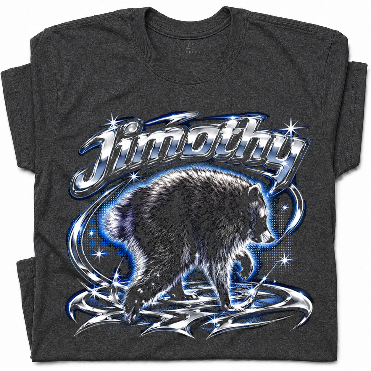 SF_COLOR=dark-heather; SF_ITEM=adult-t-shirt; SF_ROLE=gallery; Jimothy Raccoon Chrome Logo T-Shirt YK Aesthetic Blue Aura Funny Trash Panda - Dark Heather Adult T-Shirt product image