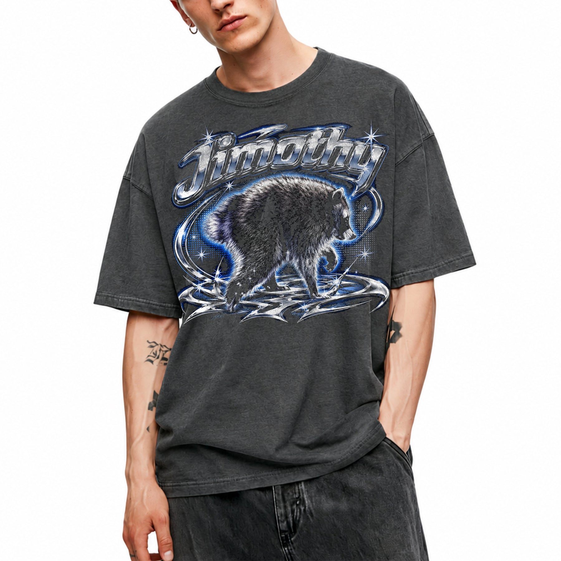 SF_COLOR=dark-heather; SF_ITEM=adult-t-shirt; SF_ROLE=main; Jimothy Raccoon Chrome Logo T-Shirt YK Aesthetic Blue Aura Funny Trash Panda - Dark Heather Adult T-Shirt product image