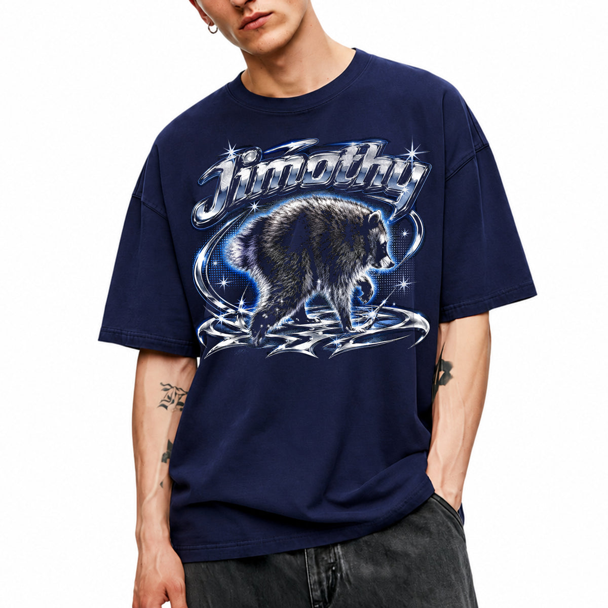 SF_COLOR=navy; SF_ITEM=adult-t-shirt; SF_ROLE=main; Jimothy Raccoon Chrome Logo T-Shirt YK Aesthetic Blue Aura Funny Trash Panda - Navy Adult T-Shirt product image