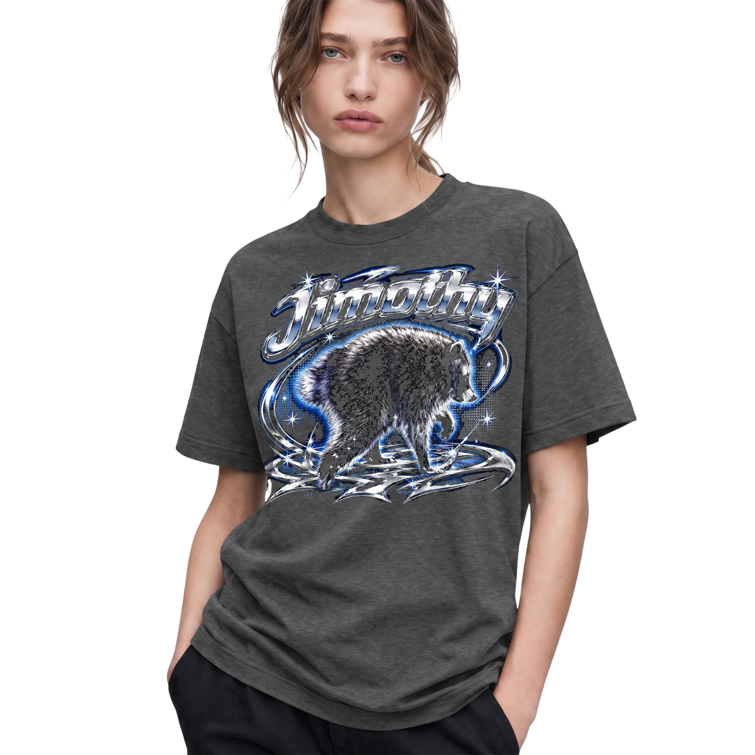 SF_COLOR=dark-heather; SF_ITEM=adult-t-shirt; SF_ROLE=gallery; Jimothy Raccoon Chrome Logo T-Shirt YK Aesthetic Blue Aura Funny Trash Panda - Dark Heather Adult T-Shirt product image